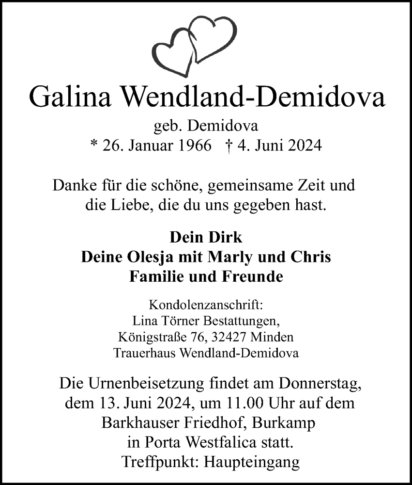  Traueranzeige für Galina Wendland-Demidova vom 08.06.2024 aus 4401