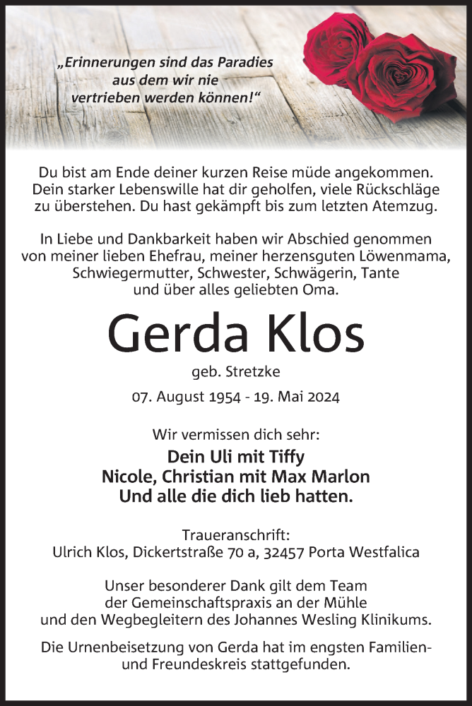  Traueranzeige für Gerda Klos vom 01.06.2024 aus 4401