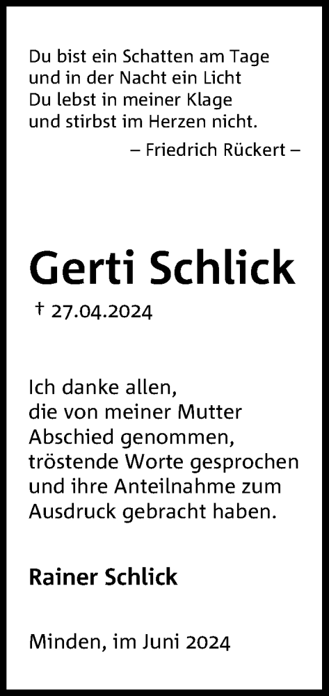 Anzeige von Gerti Schlick von 4401