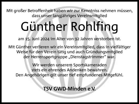 Anzeige von Günther Rohlfing von 4401