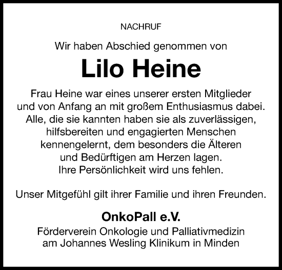 Anzeige von Lilo Heine von 4401