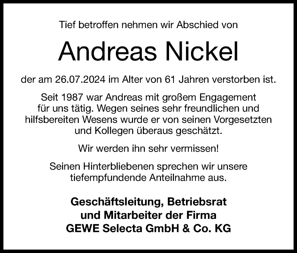  Traueranzeige für Andreas Nickel vom 31.07.2024 aus 4401