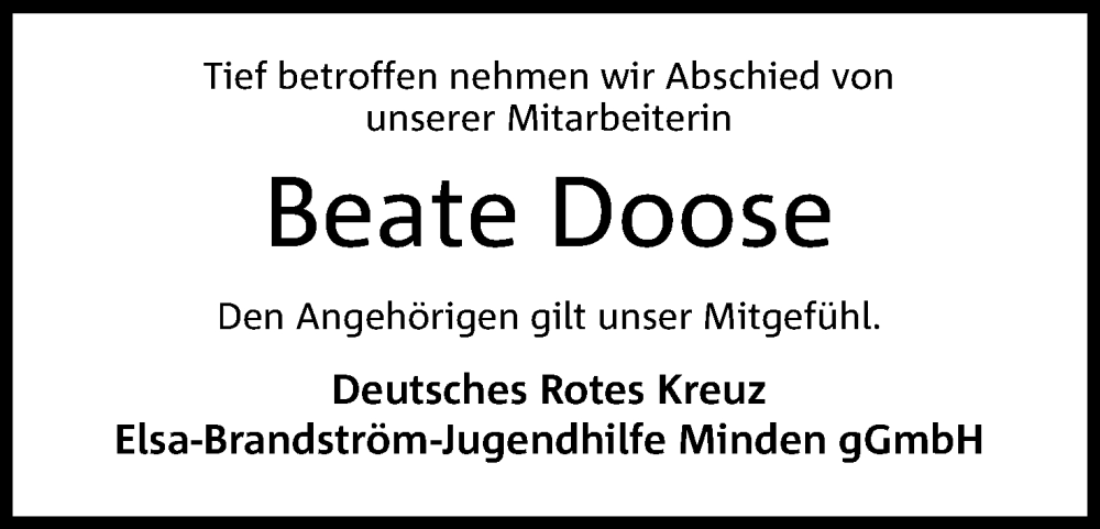  Traueranzeige für Beate Doose vom 13.07.2024 aus 4401