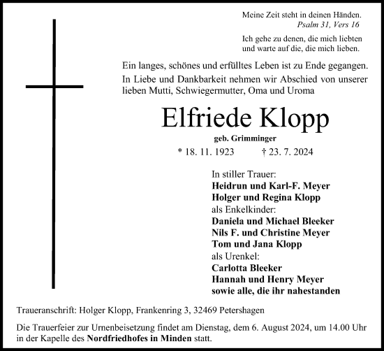 Anzeige von Elfriede Klopp von 4401