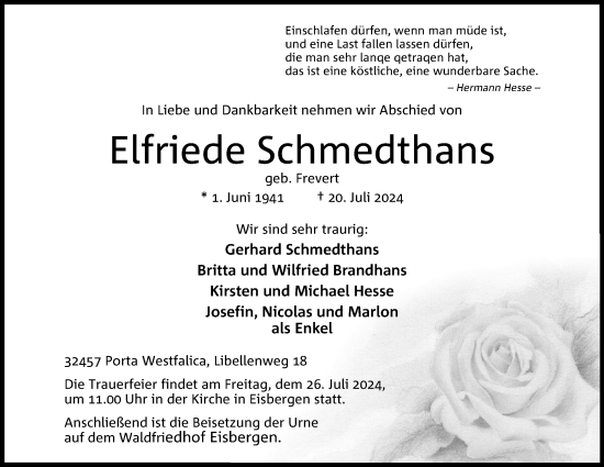 Anzeige von Elfriede Schmedthans von 4401