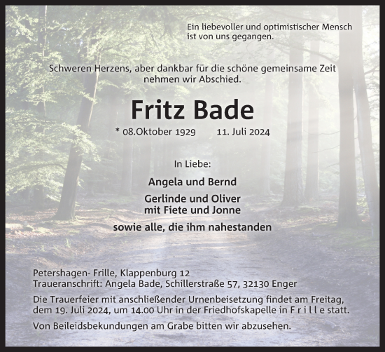 Anzeige von Fritz Bade von 4401