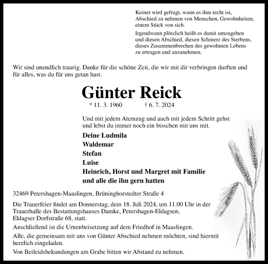 Anzeige von Günter Reick von 4401