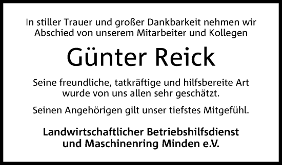 Anzeige von Günter Reick von 4401