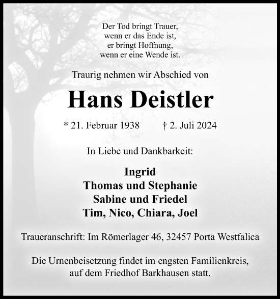 Anzeige von Hans Deistler von 4401