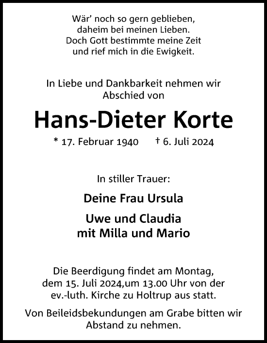 Anzeige von Hans-Dieter Korte von 4401