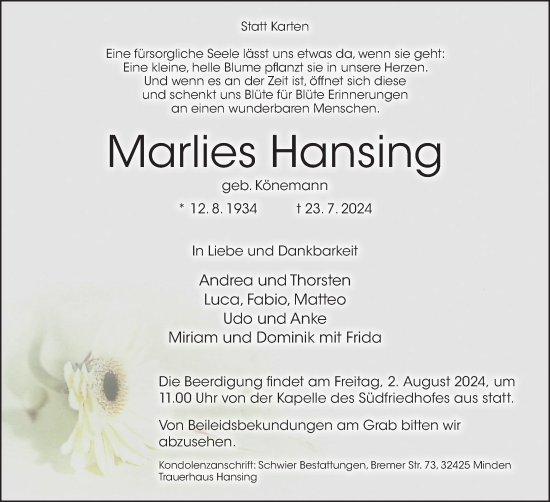 Anzeige von Marlies Hansing von 4401