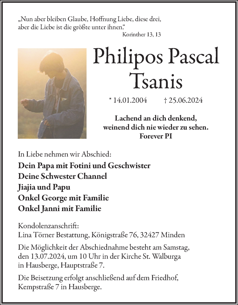  Traueranzeige für Philipos Tsanis vom 06.07.2024 aus 4401