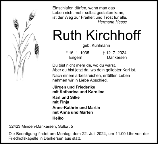 Anzeige von Ruth Kirchhoff von 4401