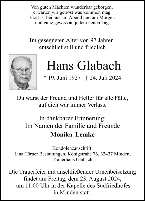 Anzeige von Hans Glabach von 4401