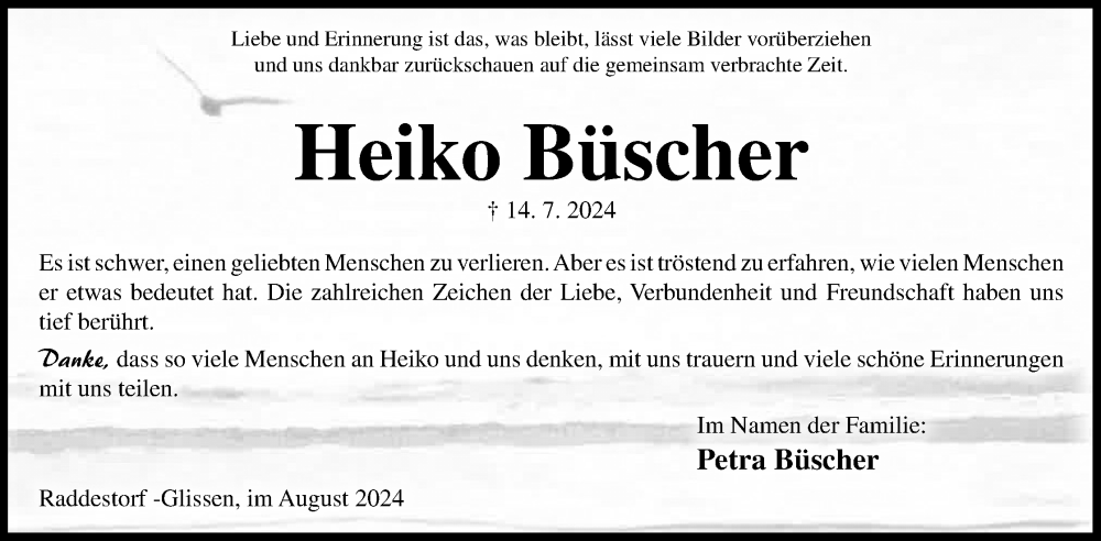  Traueranzeige für Heiko Büscher vom 17.08.2024 aus 4401