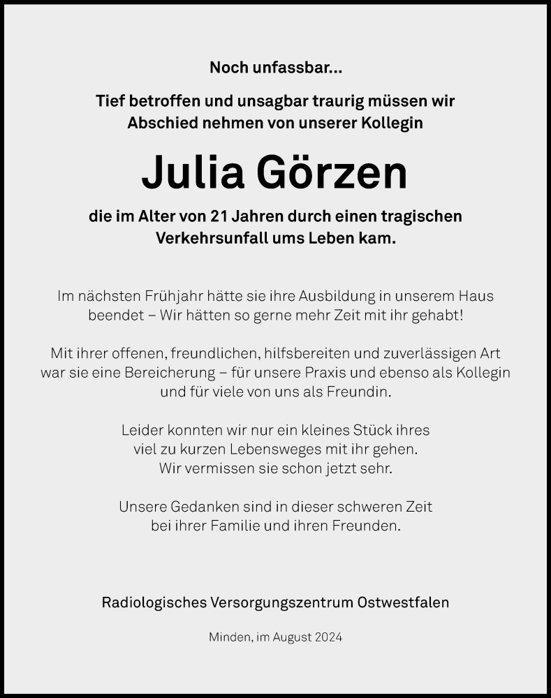  Traueranzeige für Julia Görzen vom 08.08.2024 aus 4401