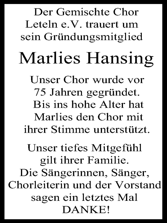 Anzeige von Marlies Hansing von 4401