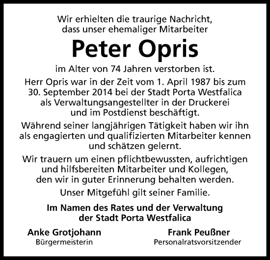 Anzeige von Peter Opris von 4401