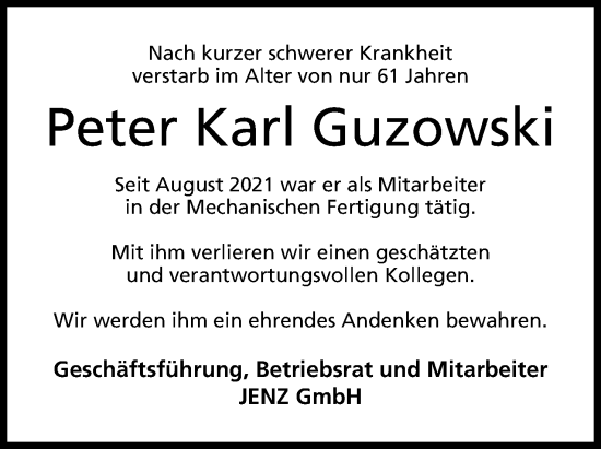 Anzeige von Peter Karl Guzowski von 4401