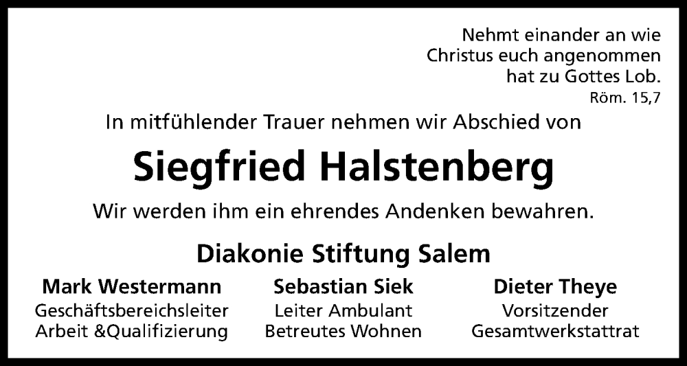  Traueranzeige für Siegfried Halstenberg vom 24.08.2024 aus 4401