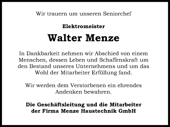 Anzeige von Walter Menze von 4401