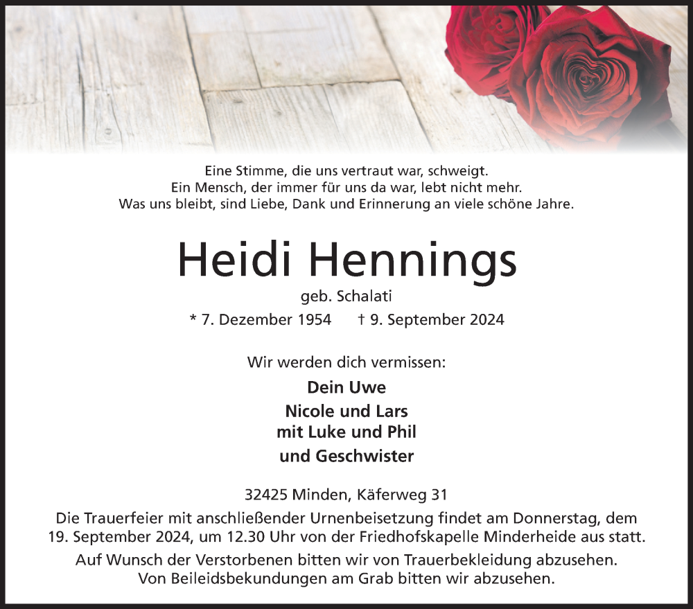  Traueranzeige für Heidi Hennings vom 14.09.2024 aus 4401