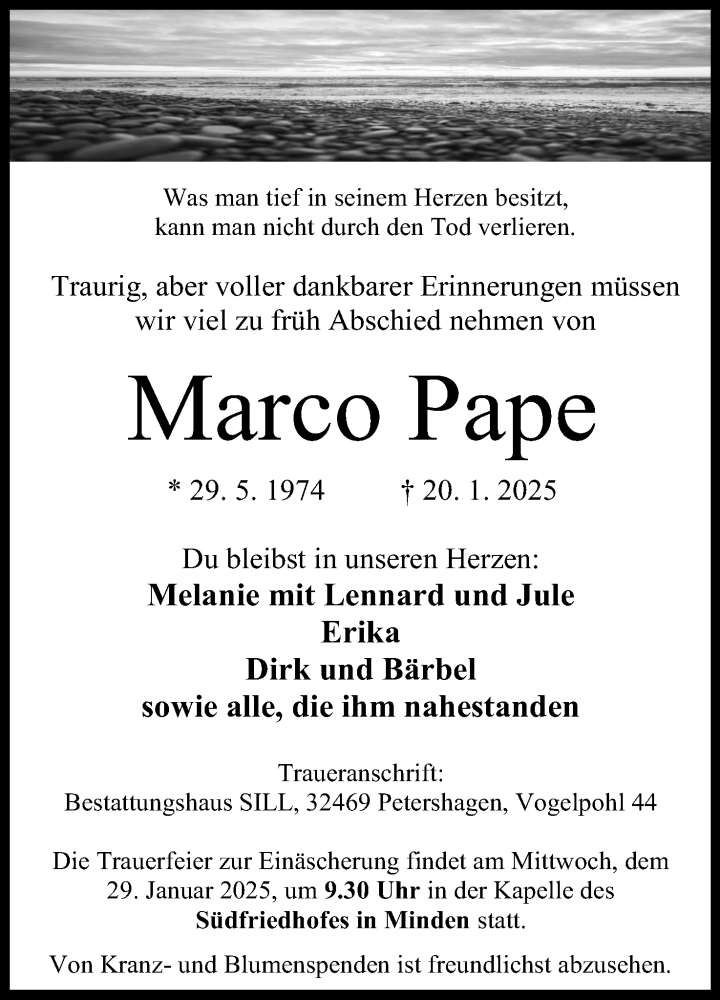  Traueranzeige für Marco Pape vom 25.01.2025 aus 4401