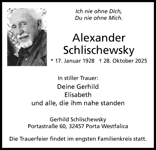Anzeige von Alexander Schlischewsky von Mindener Tageblatt