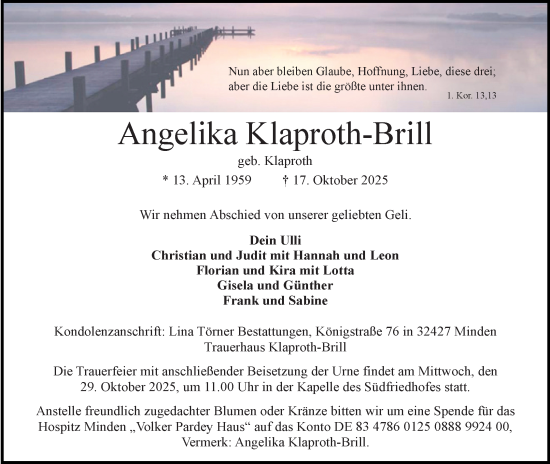 Anzeige von Angelika Klaproth-Brill von Mindener Tageblatt