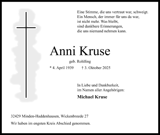 Anzeige von Anni Kruse von Mindener Tageblatt