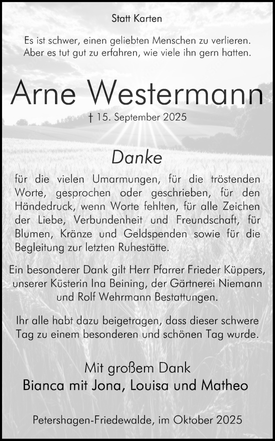 Anzeige von Arne Westermann von Mindener Tageblatt