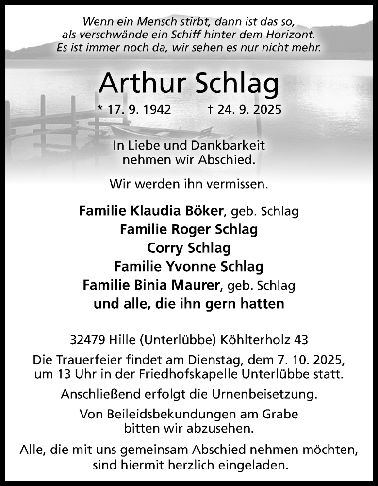  Traueranzeige für Arthur Schlag vom 04.10.2025 aus Mindener Tageblatt
