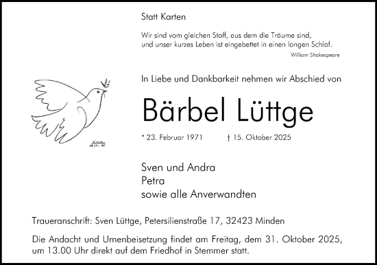 Anzeige von Bärbel Lüttge von Mindener Tageblatt