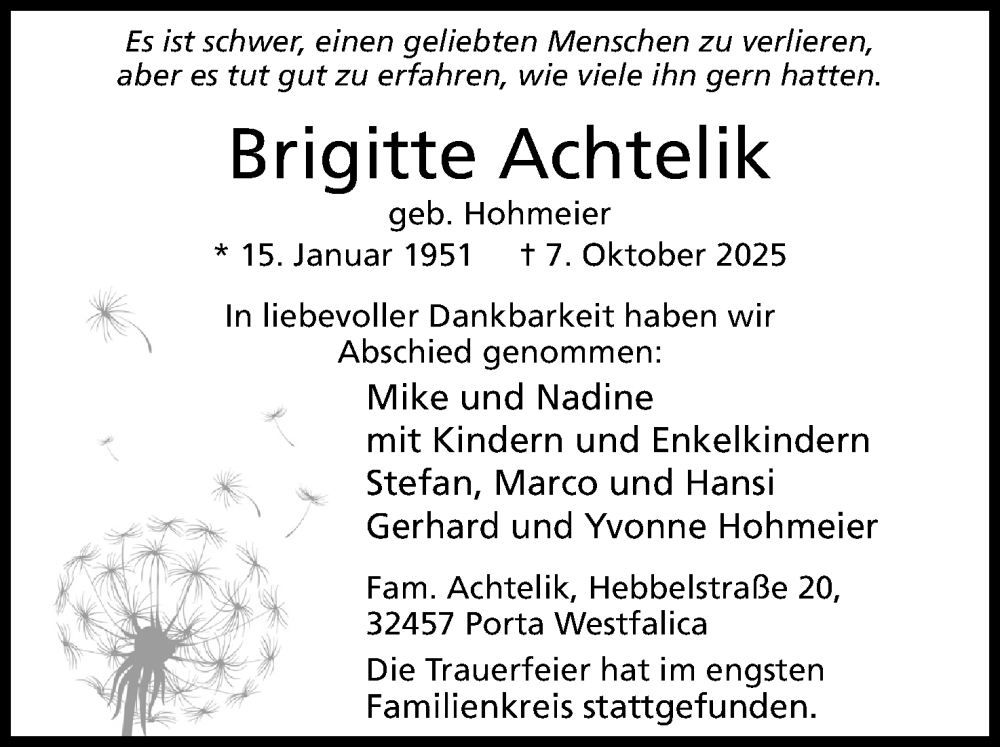  Traueranzeige für Brigitte Achtelik vom 25.10.2025 aus Mindener Tageblatt