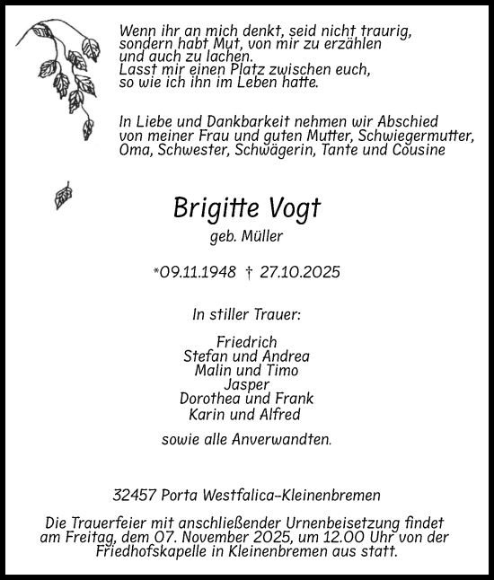 Anzeige von Brigitte Vogt von Mindener Tageblatt