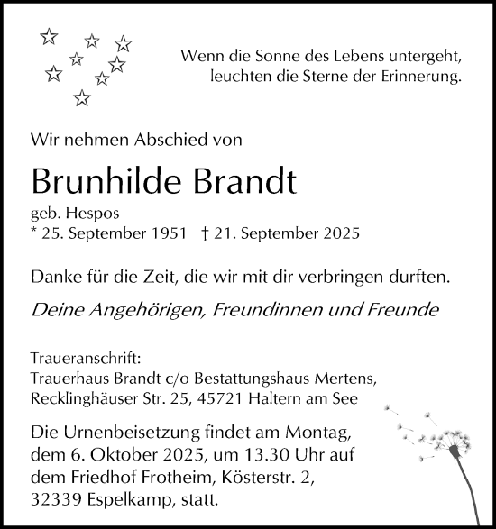 Anzeige von Brunhilde Brandt von Mindener Tageblatt