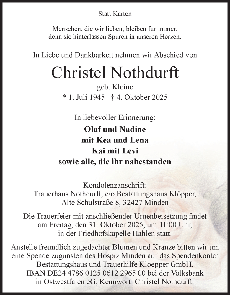  Traueranzeige für Christel Nothdurft vom 25.10.2025 aus Mindener Tageblatt