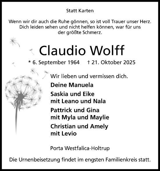 Anzeige von Claudio Wolff von Mindener Tageblatt