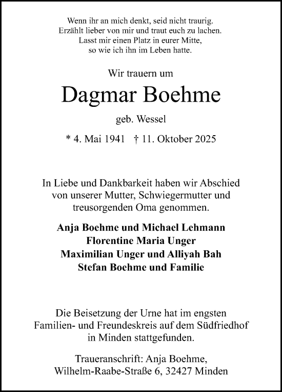 Anzeige von Dagmar Boehme von Mindener Tageblatt