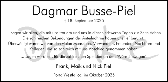 Anzeige von Dagmar Busse-Piel von Mindener Tageblatt