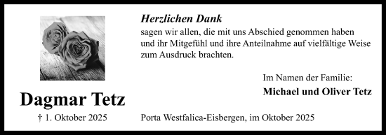 Anzeige von Dagmar Tetz von Mindener Tageblatt