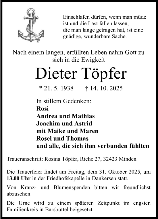 Anzeige von Dieter Töpfer von Mindener Tageblatt
