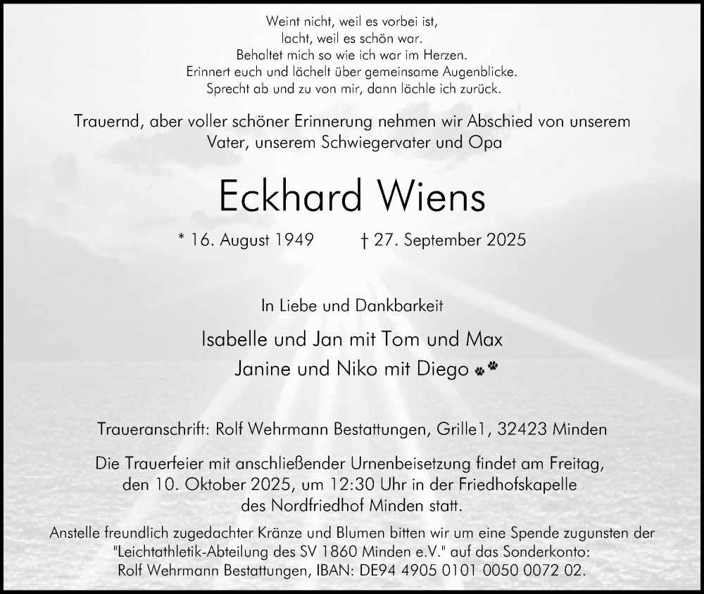  Traueranzeige für Eckhard Wiens vom 04.10.2025 aus Mindener Tageblatt