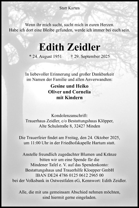 Anzeige von Edith Zeidler von Mindener Tageblatt