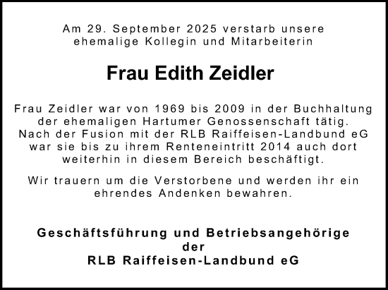 Anzeige von Edith Zeidler von Mindener Tageblatt