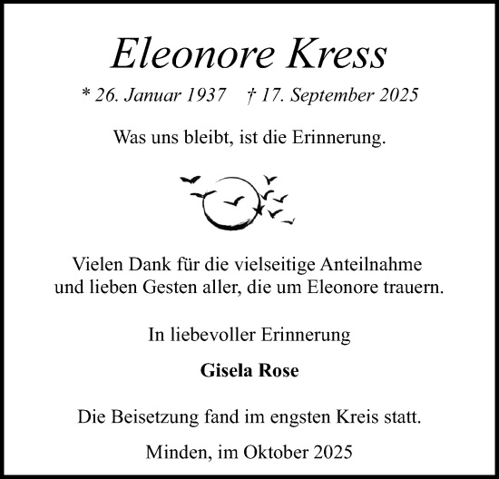 Anzeige von Eleonore Kress von Mindener Tageblatt