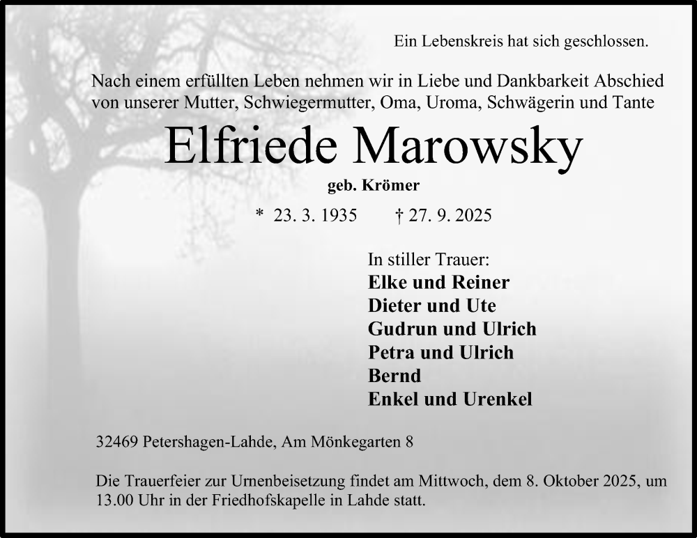  Traueranzeige für Elfriede Marowsky vom 04.10.2025 aus Mindener Tageblatt