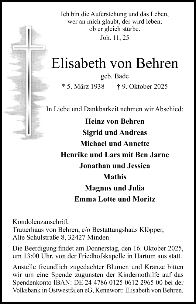  Traueranzeige für Elisabeth von Behren vom 15.10.2025 aus Mindener Tageblatt