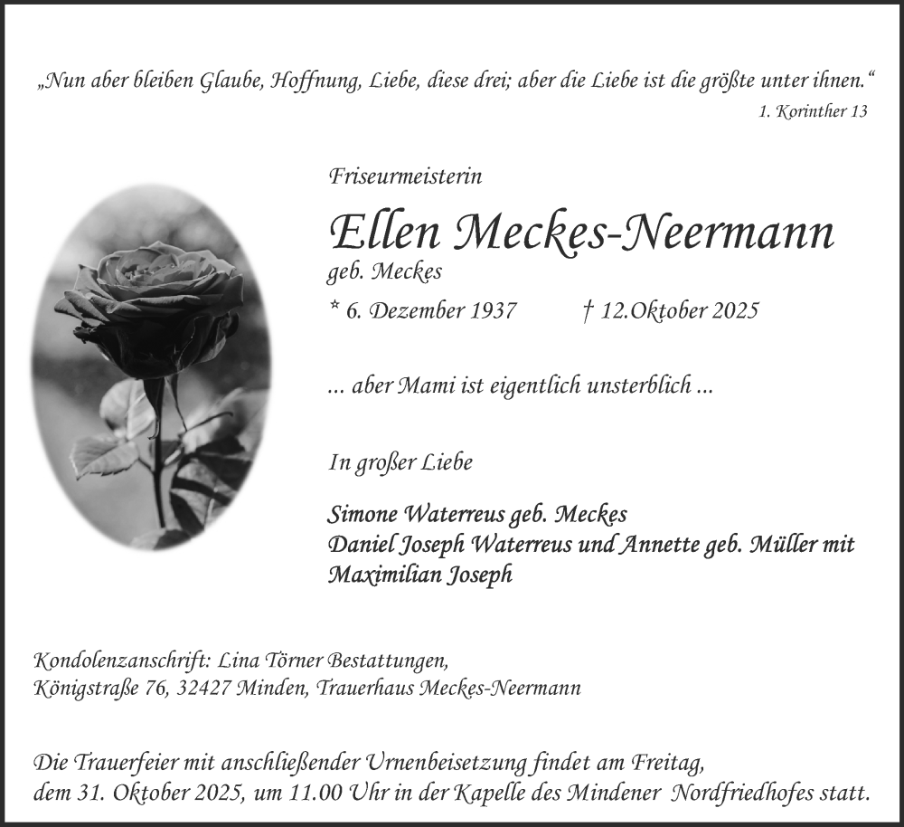  Traueranzeige für Ellen Meckes-Neermann vom 18.10.2025 aus Mindener Tageblatt