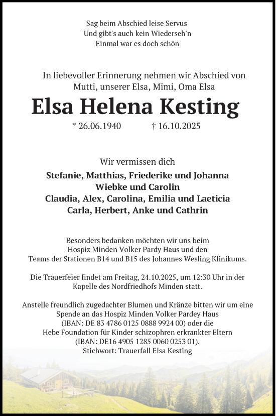 Anzeige von Elsa Helena Kesting von Mindener Tageblatt